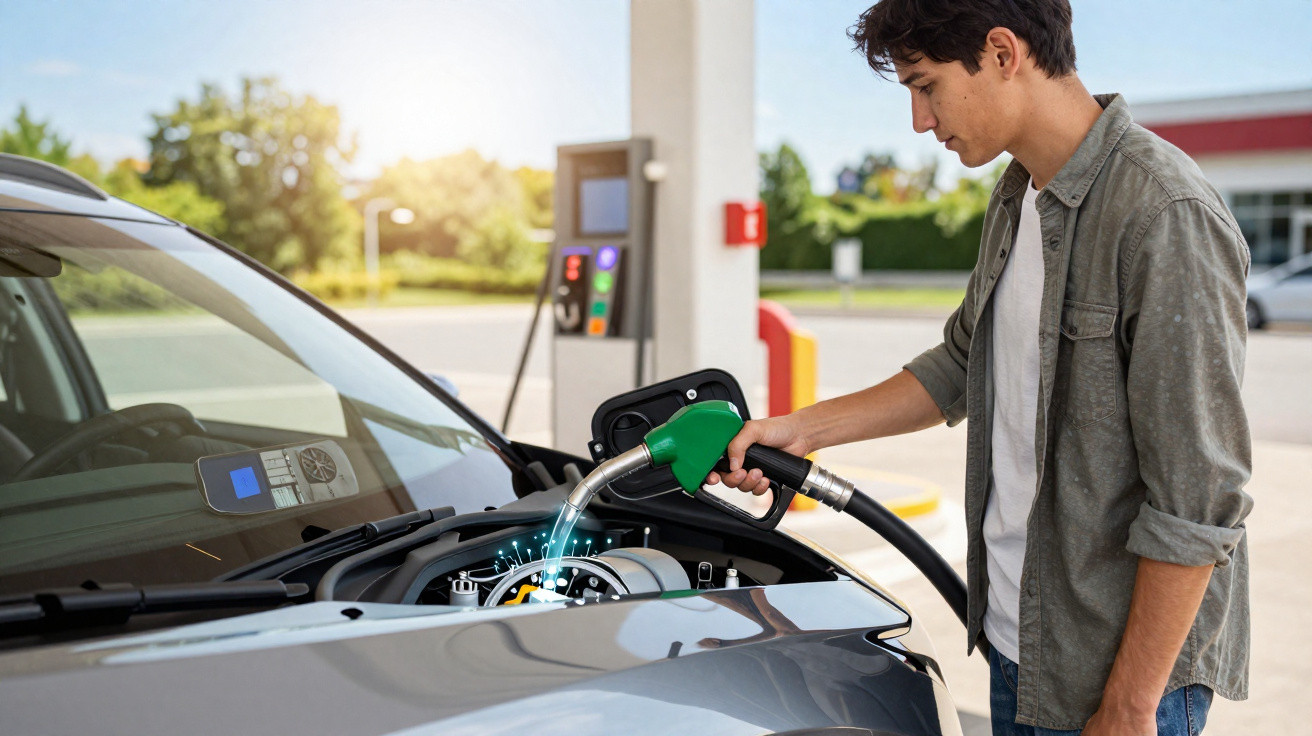 Jovem abastecendo carro elétrico em posto, segurando pistola de carregamento verde com efeito digital.
