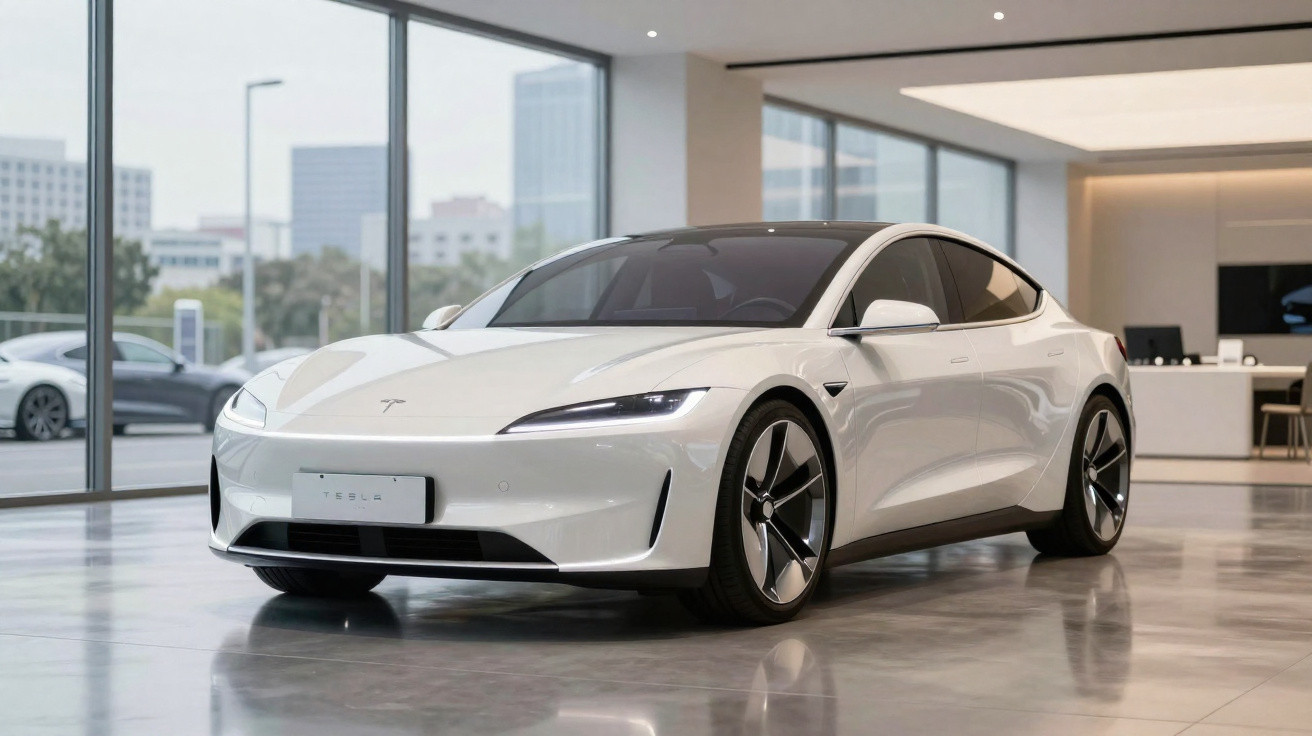 Carro elétrico Tesla branco modelo esportivo exibido em showroom moderno com grandes janelas de vidro.