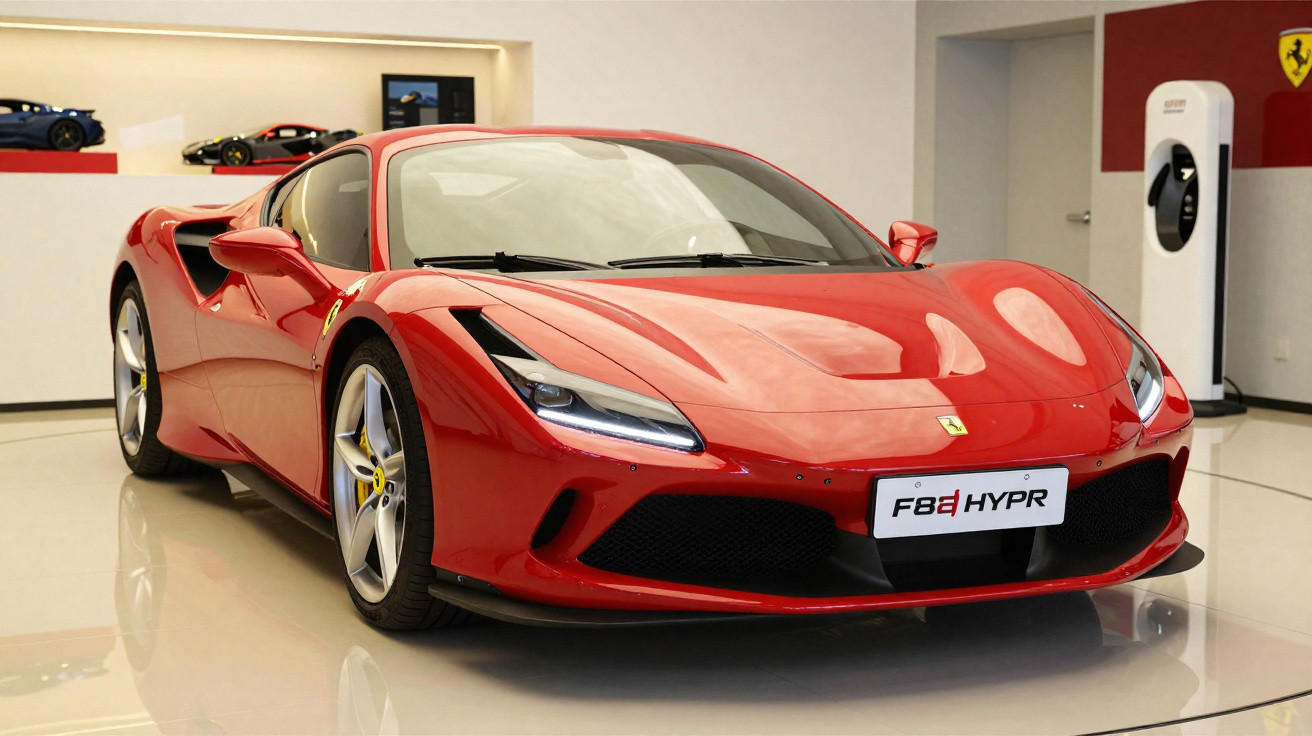 Carro esportivo vermelho Ferrari F8 Tributo HYPR estacionado em showroom moderno.