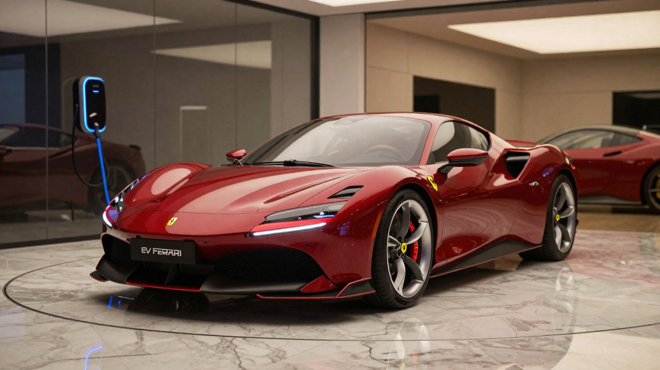 Carro esportivo Ferrari vermelho carregando em estação de recarga elétrica em ambiente moderno e iluminado.