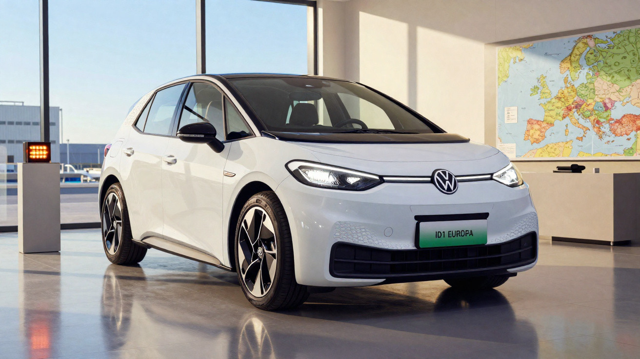 Carro elétrico branco Volkswagen ID.1 estacionado em sala com grande janela e mapa da Europa na parede.