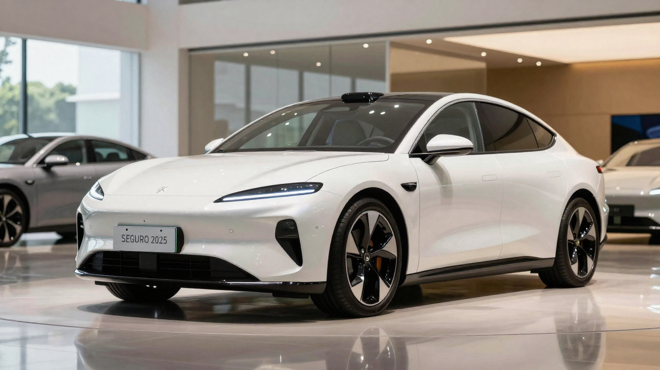 Carro elétrico branco de design moderno em showroom, com placa escrita "SEGURO 2025".