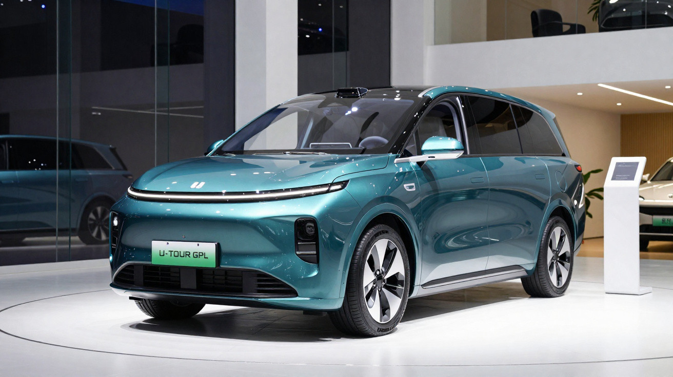 Carro elétrico SUV U-Tour GPL azul exibido em salão de automóveis moderno e iluminado.