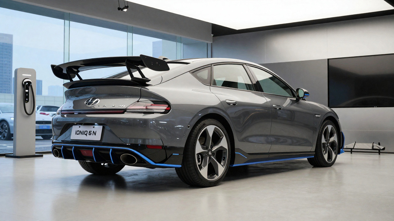 Carro elétrico Hyundai Ioniq 6 N cinza em exposição, com detalhes azuis e spoiler traseiro.