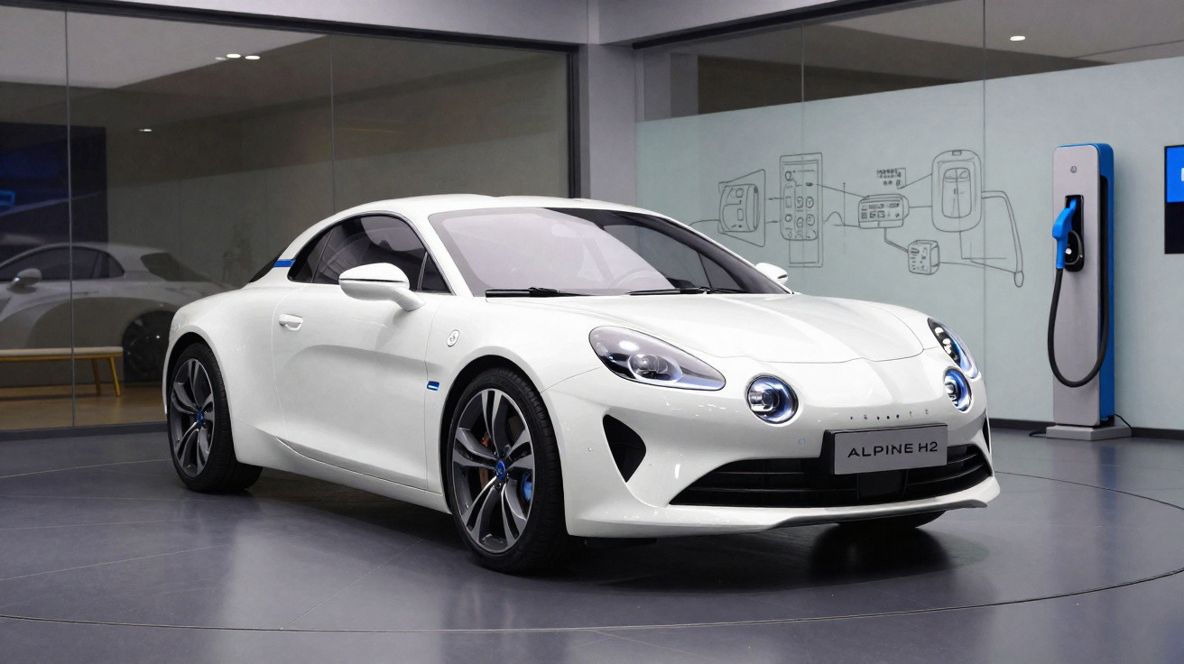Carro esportivo branco Alpine H2 estacionado em showroom com estação de recarga elétrica ao fundo.