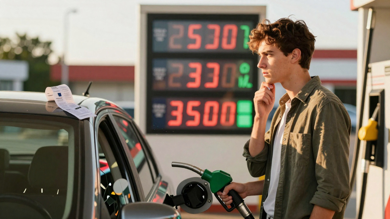 Homem parado em posto de gasolina segurando bomba, olhando para painel com preços do combustível.