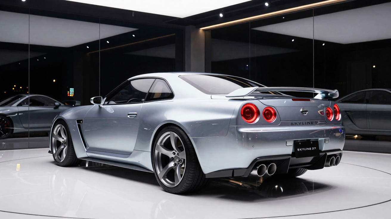 Carro esportivo Nissan Skyline prata exibido em showroom com piso branco e paredes espelhadas.