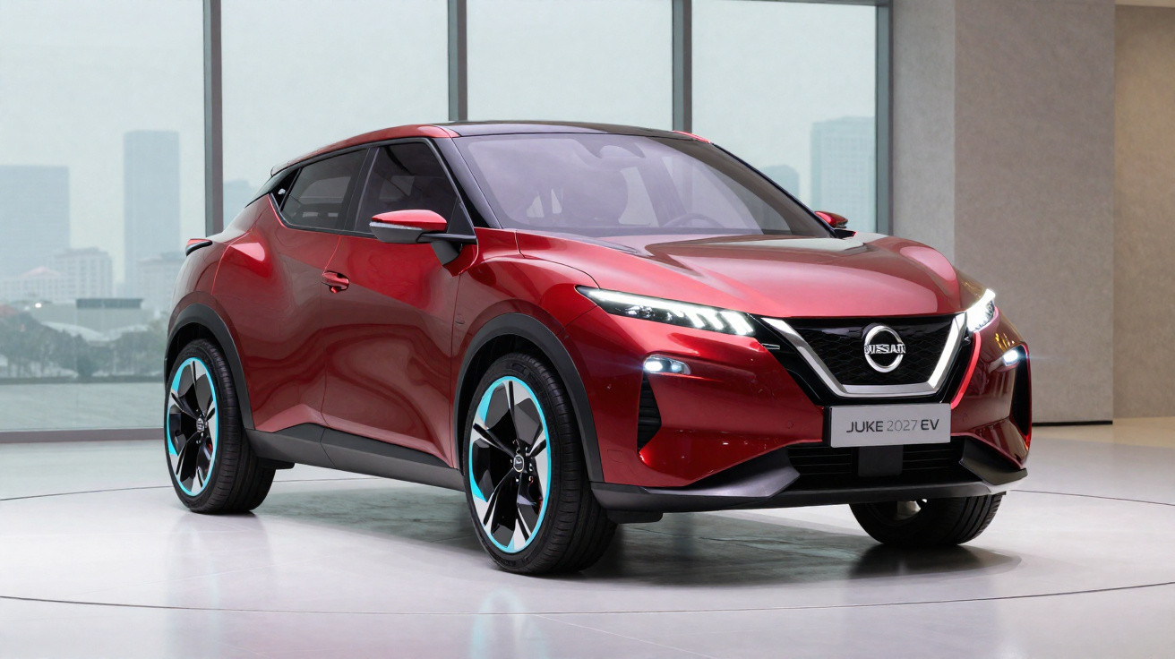 Carro SUV elétrico Nissan Juke 2027 EV vermelho exibido em ambiente interno moderno.