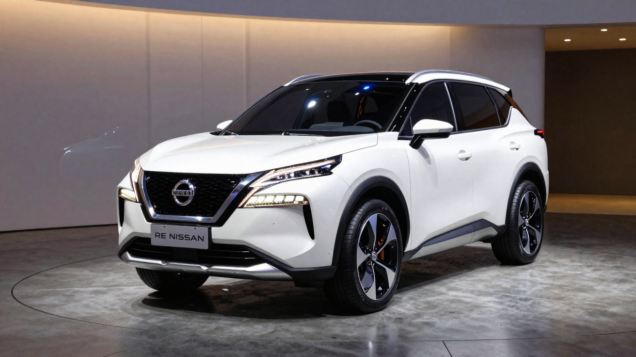 Carro SUV branco Nissan elétrico exposto em ambiente interno com iluminação focada.