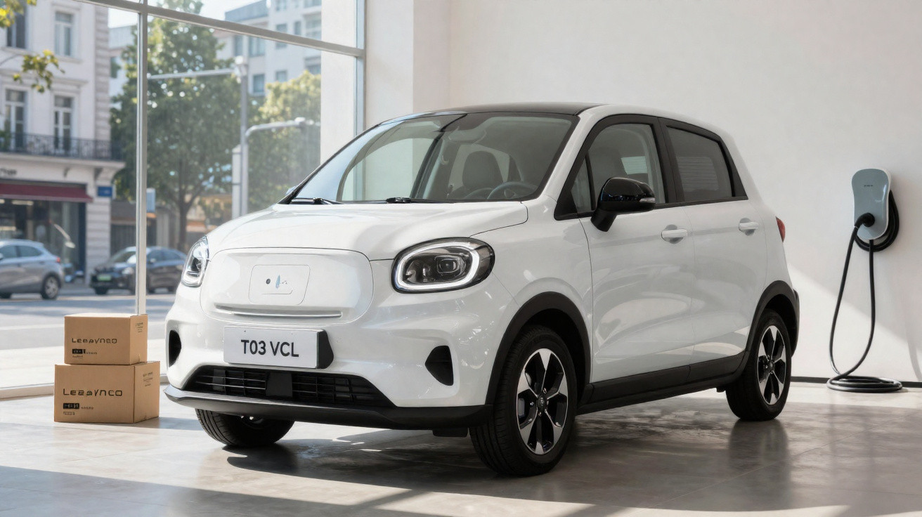 Carro elétrico branco compacto estacionado em showroom com estação de carregamento na parede ao fundo.