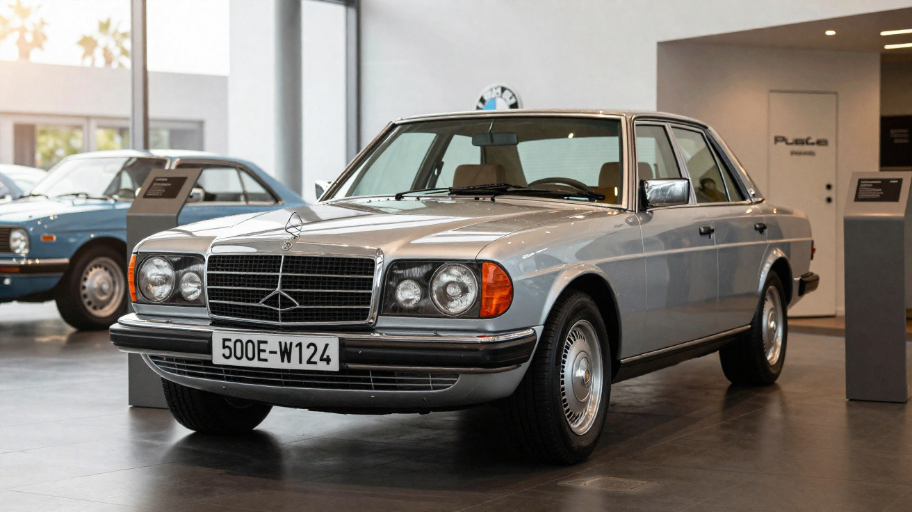 Carro clássico Mercedes-Benz prata estacionado em museu com iluminação natural e interior moderno.