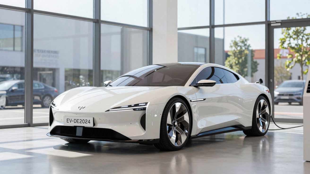 Carro elétrico esportivo branco estacionado em showroom moderno com grandes janelas de vidro.