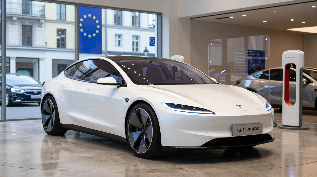 Carro elétrico branco Tesla Model S em showroom moderno com estação de carregamento elétrica ao fundo.