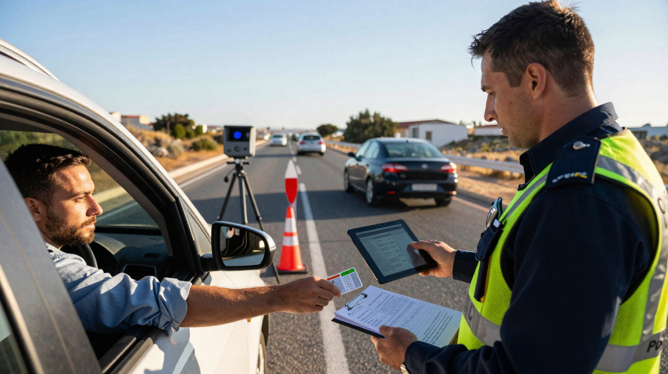 Policial de trânsito conferindo documento apresentado por motorista em parada na rodovia sob luz do dia.