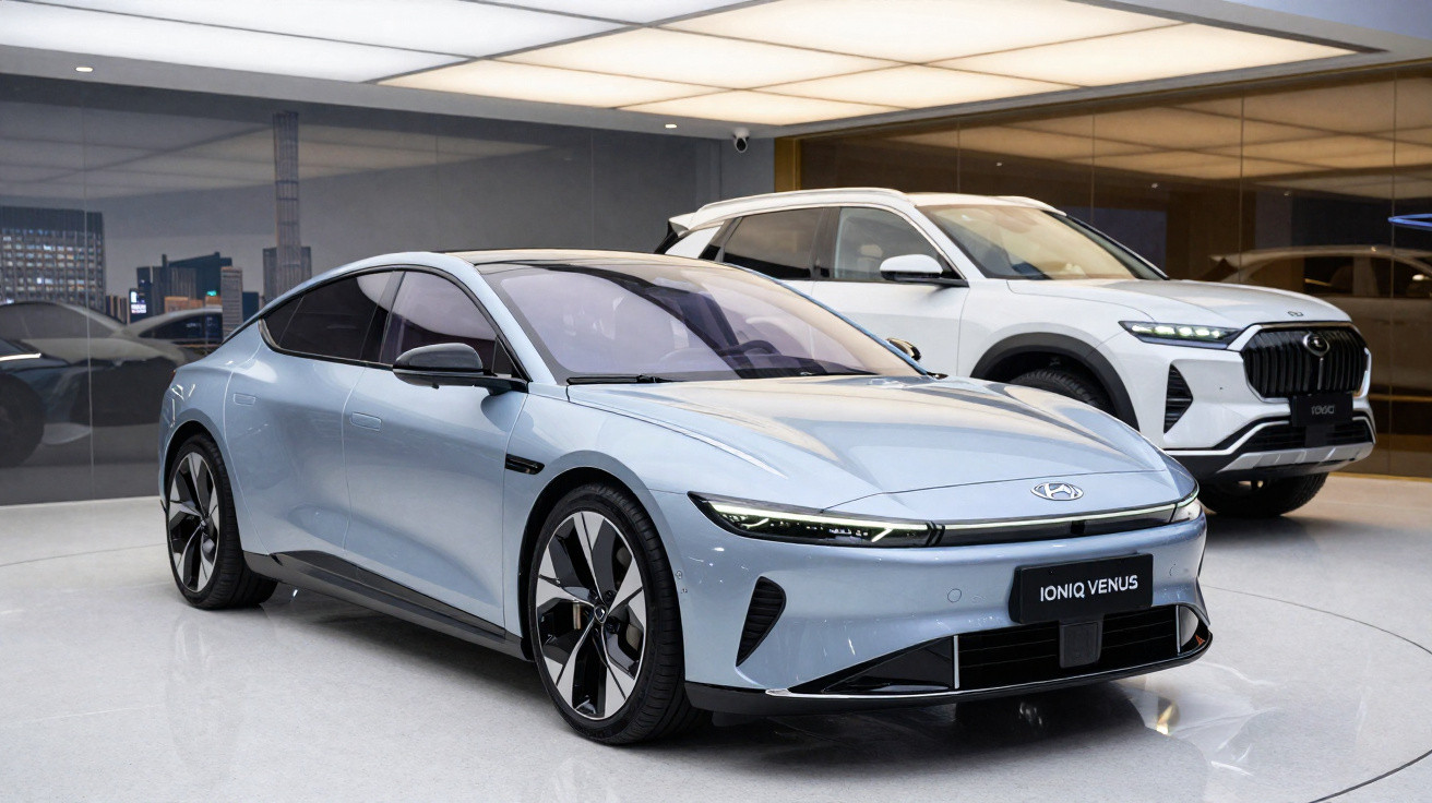 Dois carros modernos em showroom, sendo um sedã elétrico cinza à frente e um SUV branco ao fundo.