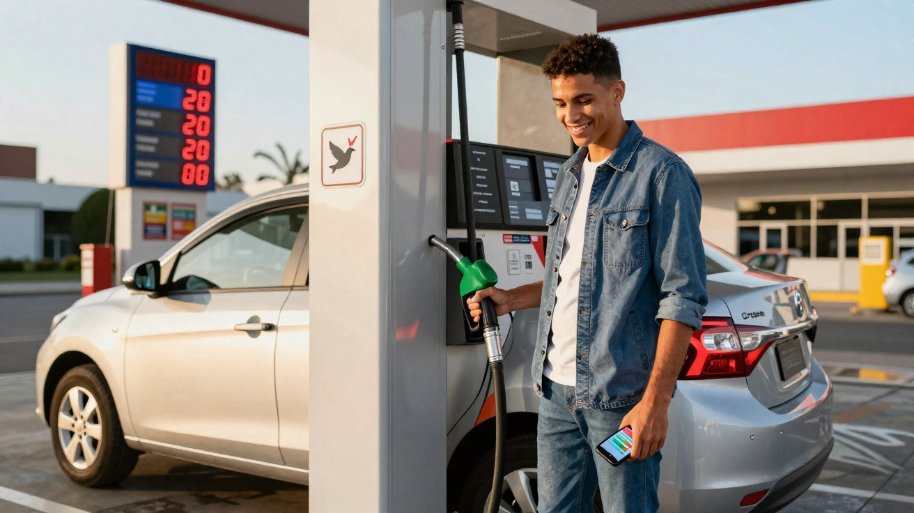 Jovem sorri enquanto abastece carro com gasolina em posto de combustível ao entardecer.