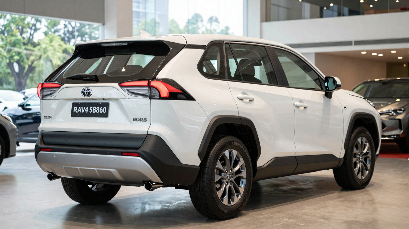 SUV branco Toyota RAV4 Hybrid visto de trás em showroom.