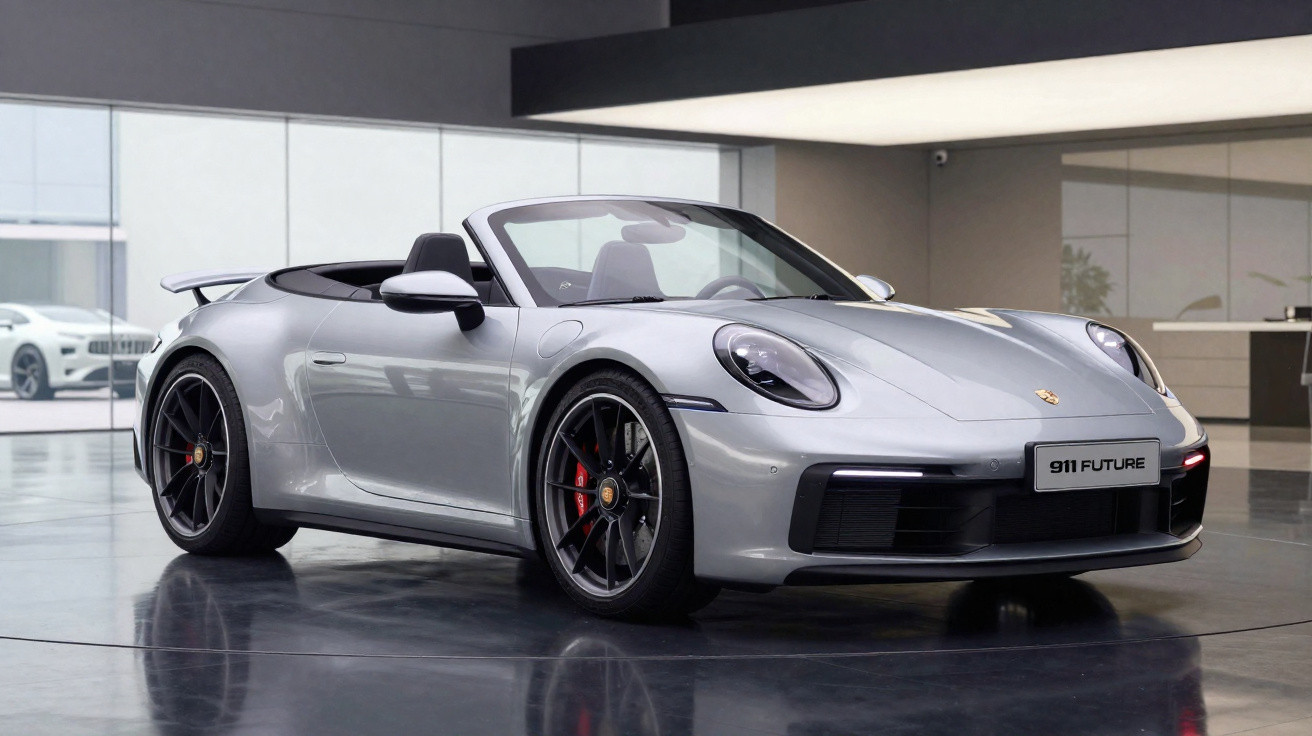Carro esportivo conversível prata Porsche 911 Future exibido em showroom moderno e iluminado.