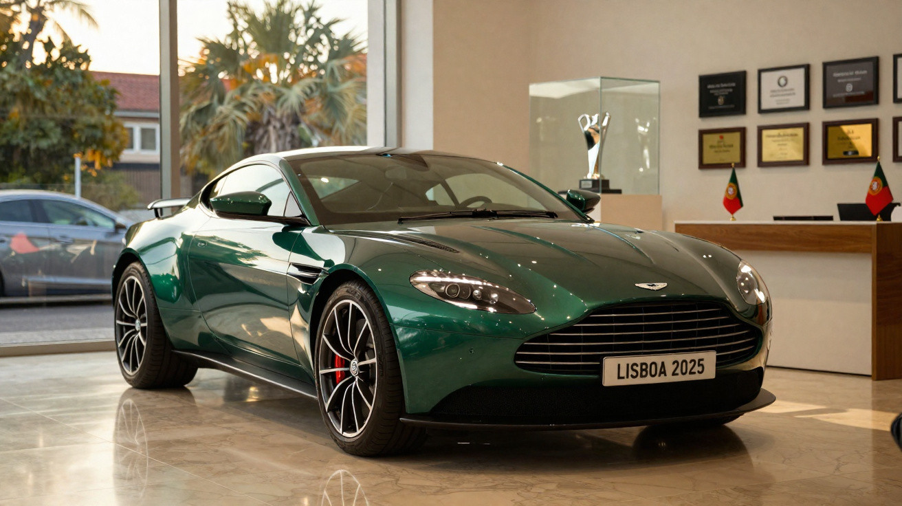 Carro esportivo verde escuro com placa Lisboa 2025 exposto em showroom com troféu e quadros ao fundo.