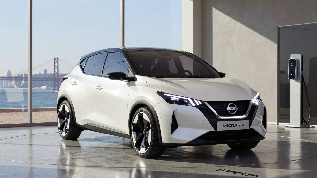 Carro elétrico branco Nissan Micra EV estacionado em garagem moderna com carregador elétrico ao lado.