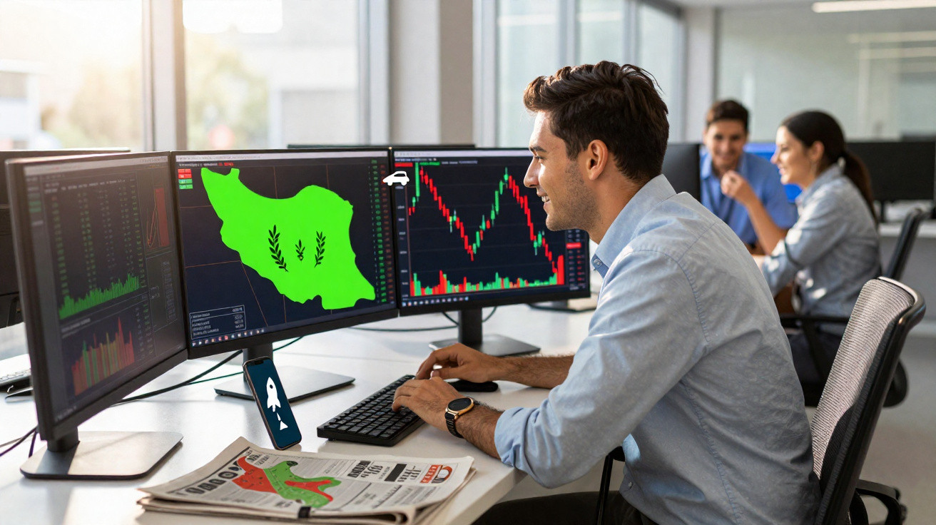 Homem analisando gráficos financeiros em múltiplos monitores no escritório moderno, com colegas ao fundo.