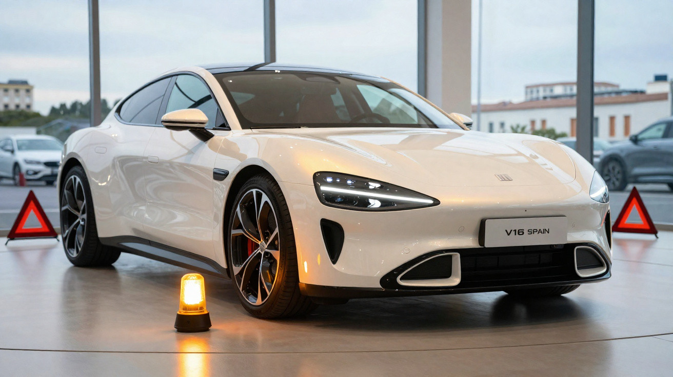 Carro esportivo branco moderno exibido em showroom com sinais de advertência triangular e luz amarela no chão.