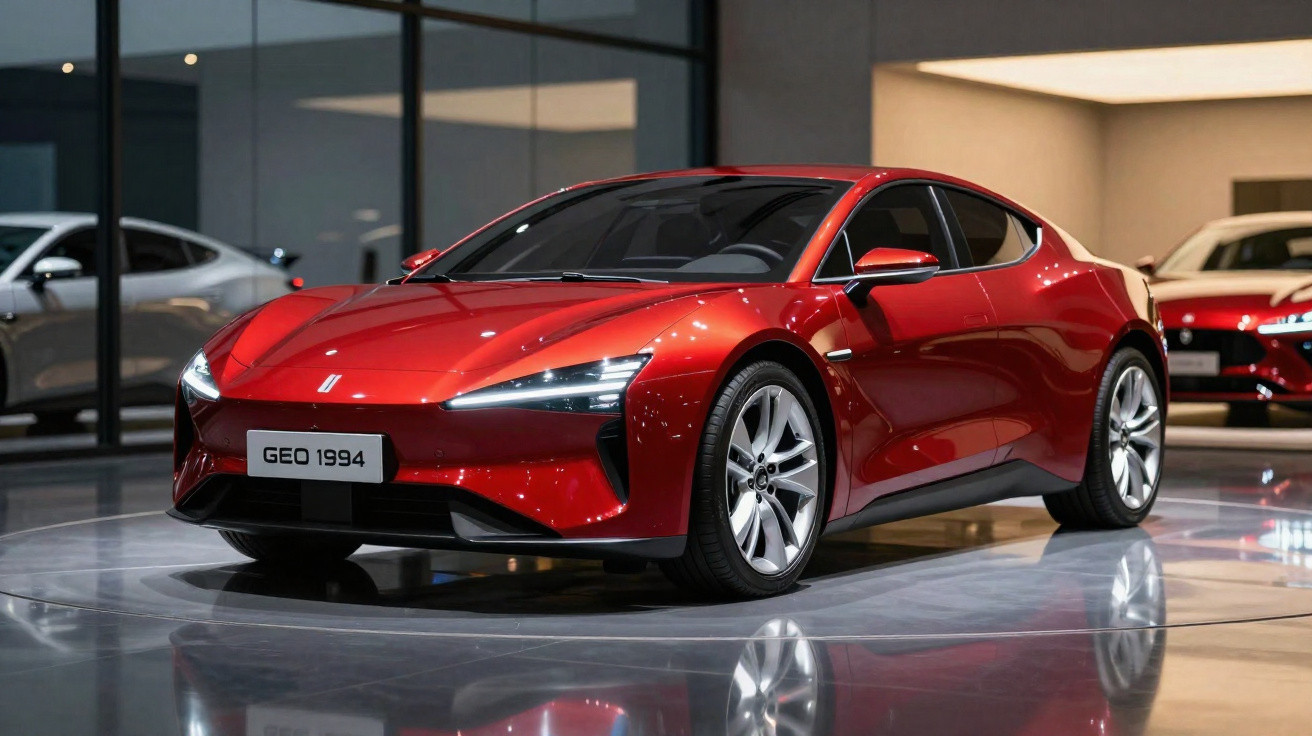 Carro esportivo vermelho com design aerodinâmico exposto em showroom moderno e iluminado.