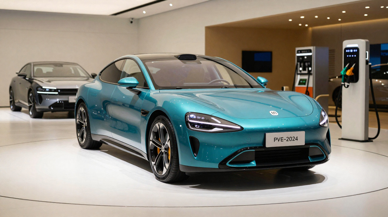 Carro esportivo elétrico azul em destaque em showroom com outro carro e bombas de recarga ao fundo.