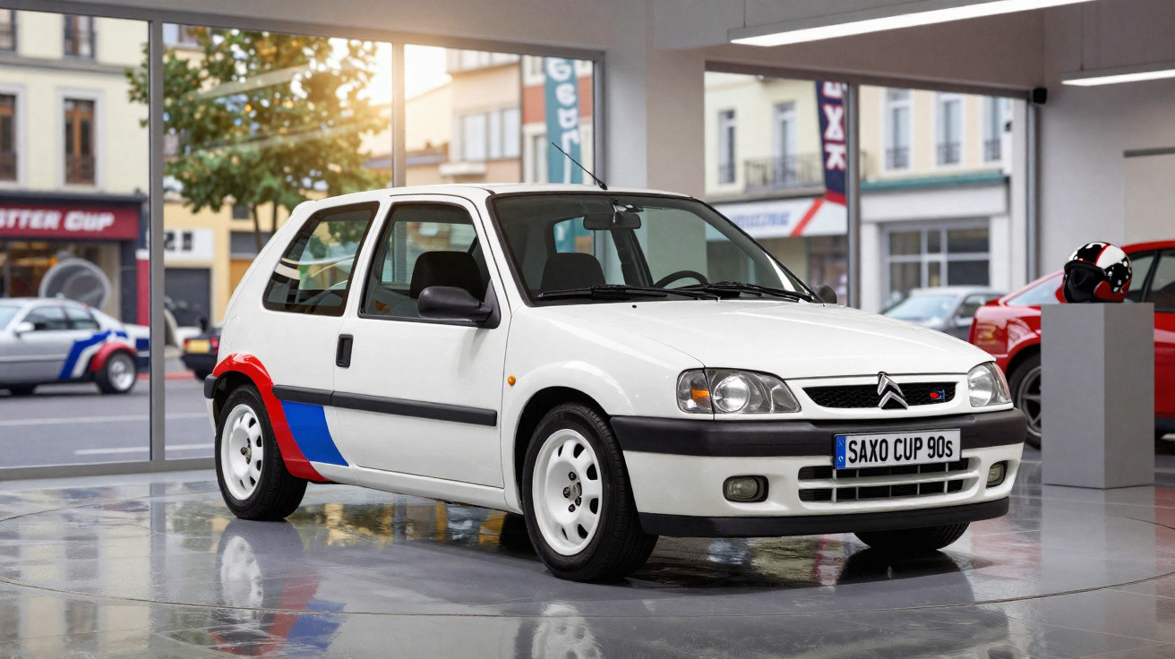 Carro branco Citroën Saxo Cup 90s exposto em showroom com detalhes em vermelho e azul nas laterais.