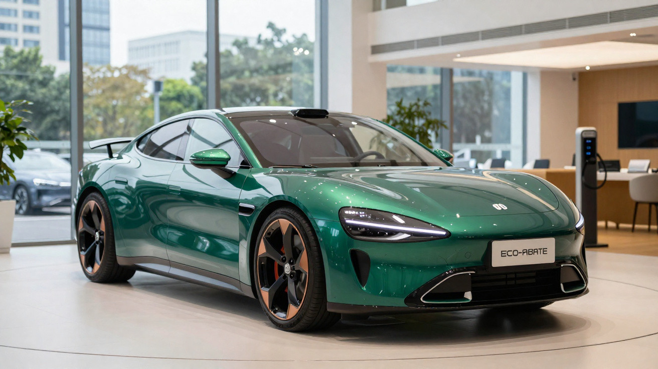Carro esportivo elétrico verde metálico em exposição dentro de showroom moderno e iluminado.