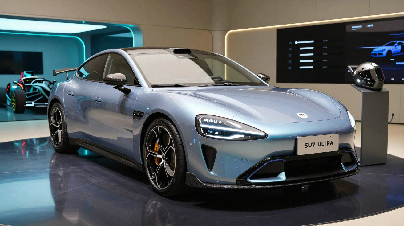 Carro esportivo elétrico azul metálico modelo SU7 ULTRA exposto em salão com iluminação moderna.