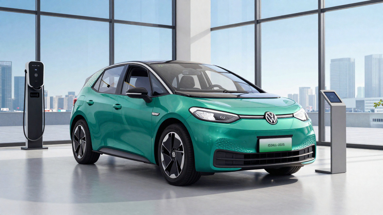 Carro elétrico Volkswagen ID.3 verde em showroom moderno com estação de recarga e vista panorâmica da cidade.