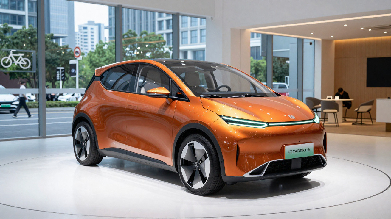 Carro compacto elétrico laranja exibido em showroom moderno com luz natural e detalhes futuristas.