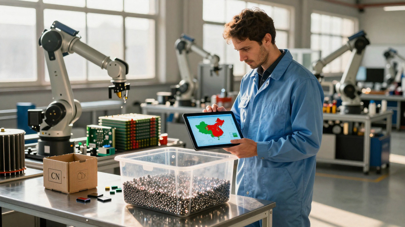 Homem com jaleco azul usando tablet para analisar dados em laboratório com robôs industriais e componentes eletrônicos.