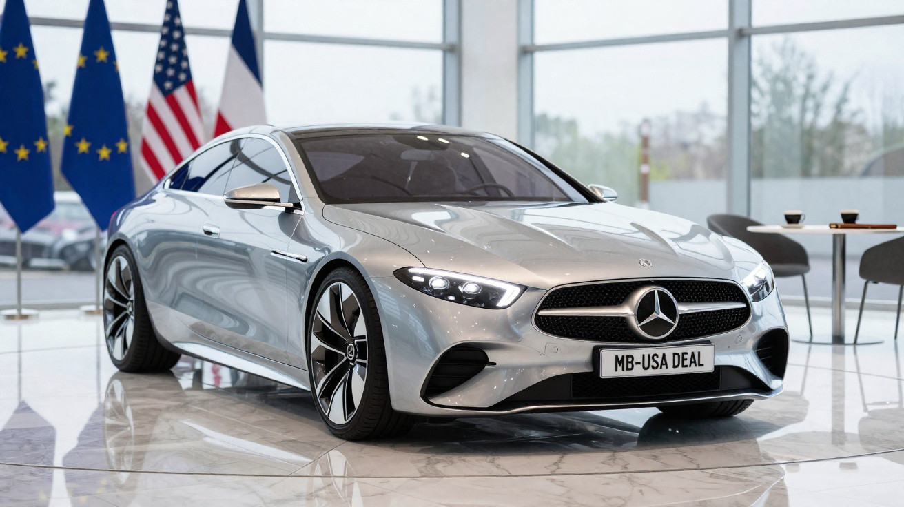 Carro Mercedes-Benz prata exibido em salão com bandeiras da União Europeia, Estados Unidos e França ao fundo.