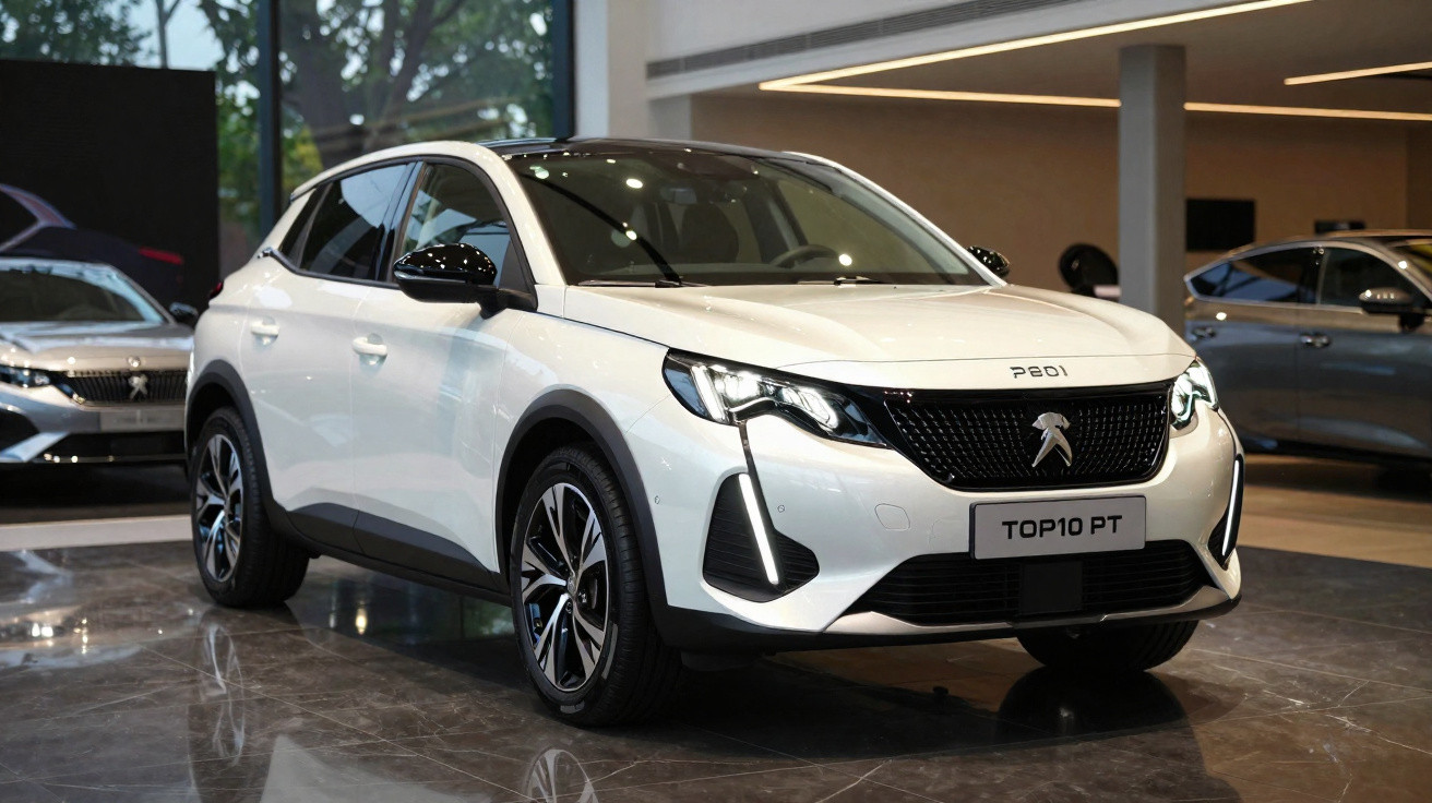 Carro SUV branco Peugeot 208 exposto em showroom com piso refletivo e iluminação moderna.