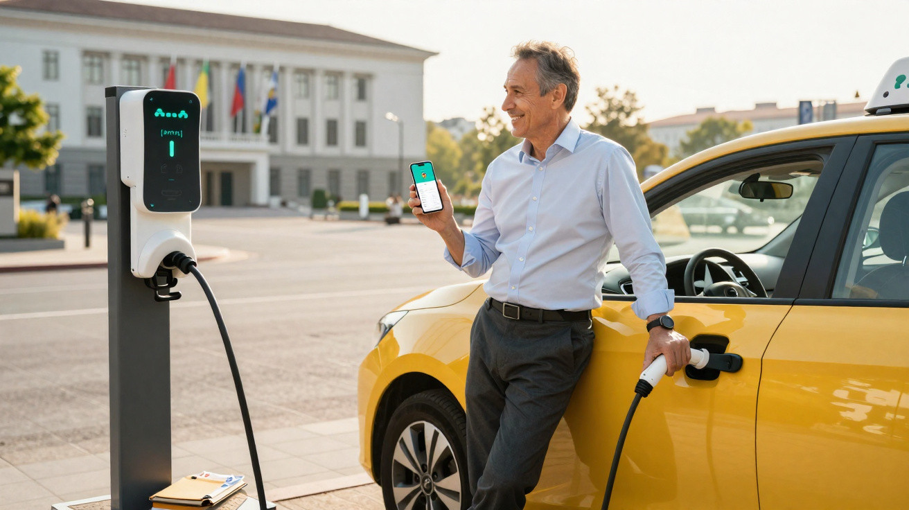 Homem sorri carregando carro elétrico amarelo em estação pública usando smartphone.