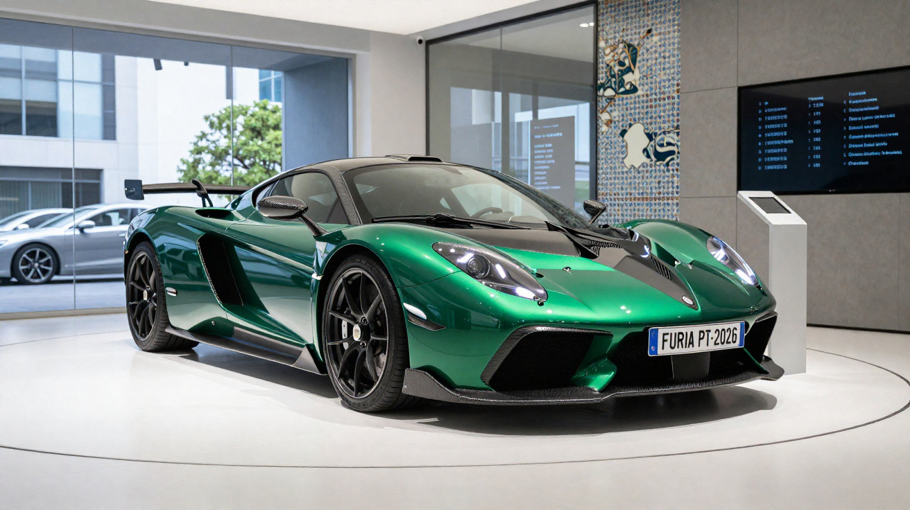 Carro esportivo verde metálico exibido em showroom moderno com teto preto e rodas pretas.