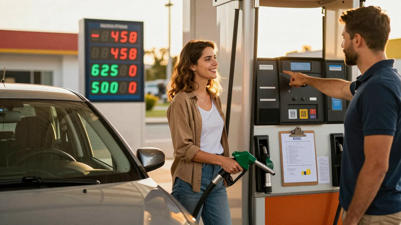 Mulher abastecendo carro em posto de gasolina enquanto homem aponta para painel de combustível.