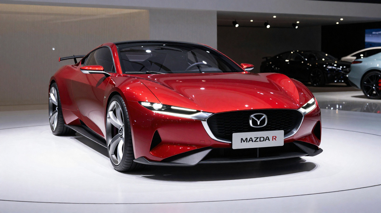 Carro esportivo vermelho Mazda R em exposição, com design moderno e aerodinâmico, em ambiente iluminado.