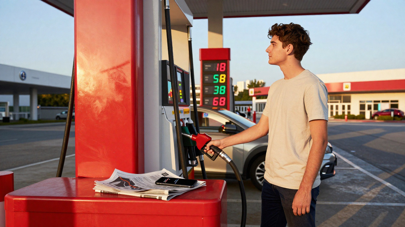 Jovem segurando bomba para abastecer carro em posto de gasolina ao entardecer.