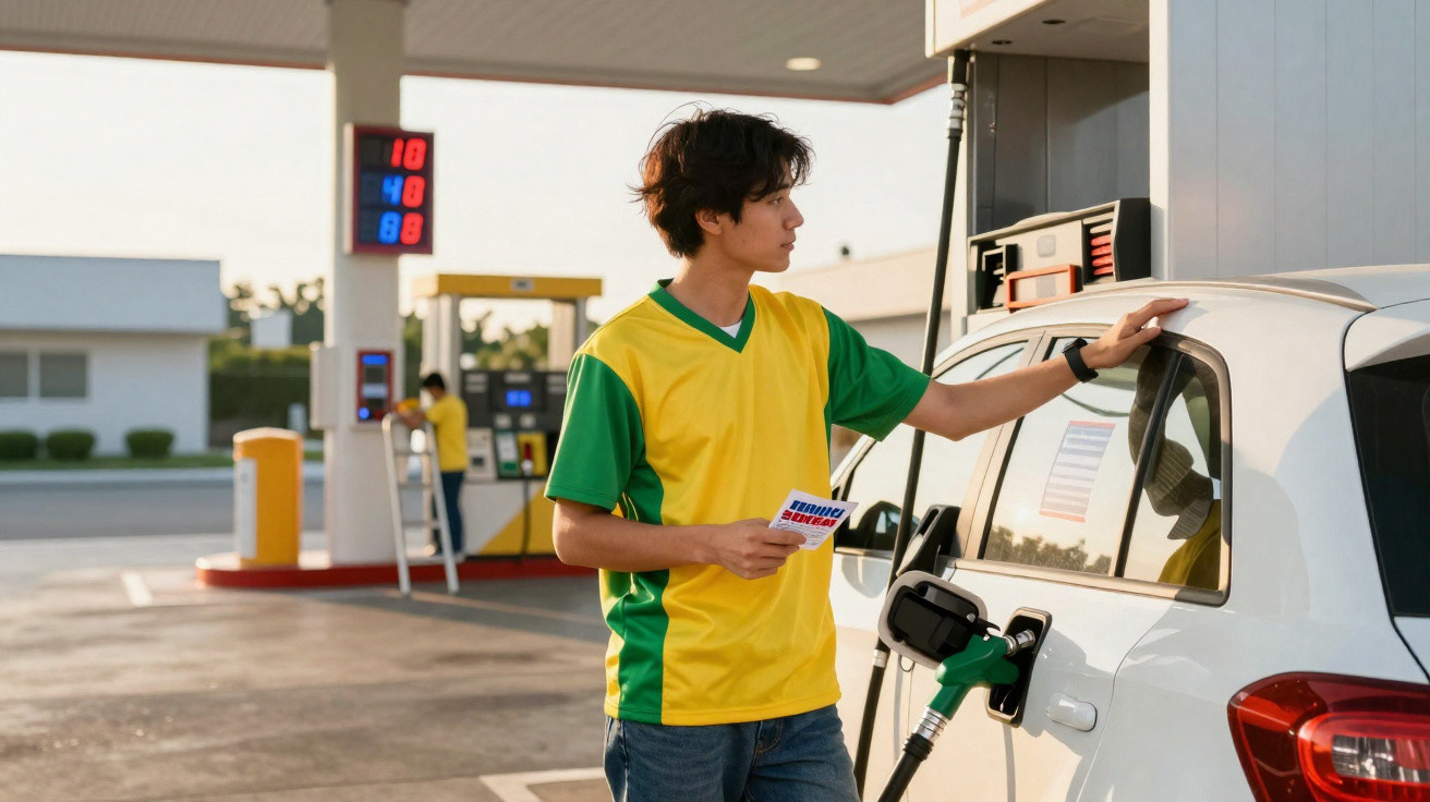 Jovem abastecendo carro branco em posto de gasolina durante o dia segurando cartão na mão.