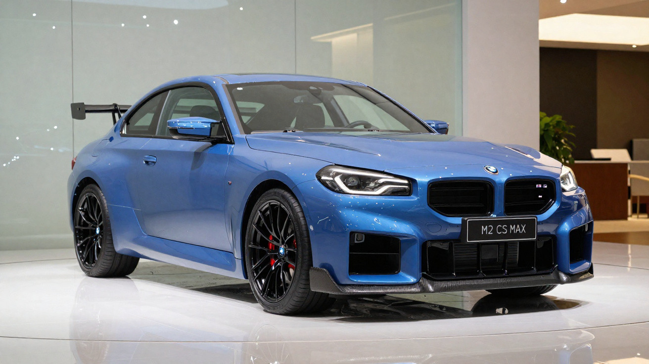 Carro esportivo azul BMW M2 CS Max exibido em showroom com rodas pretas e aerofólio traseiro.