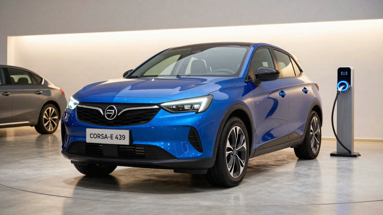 Carro elétrico azul Corsa-e 439 estacionado em showroom conectado a estação de recarga.