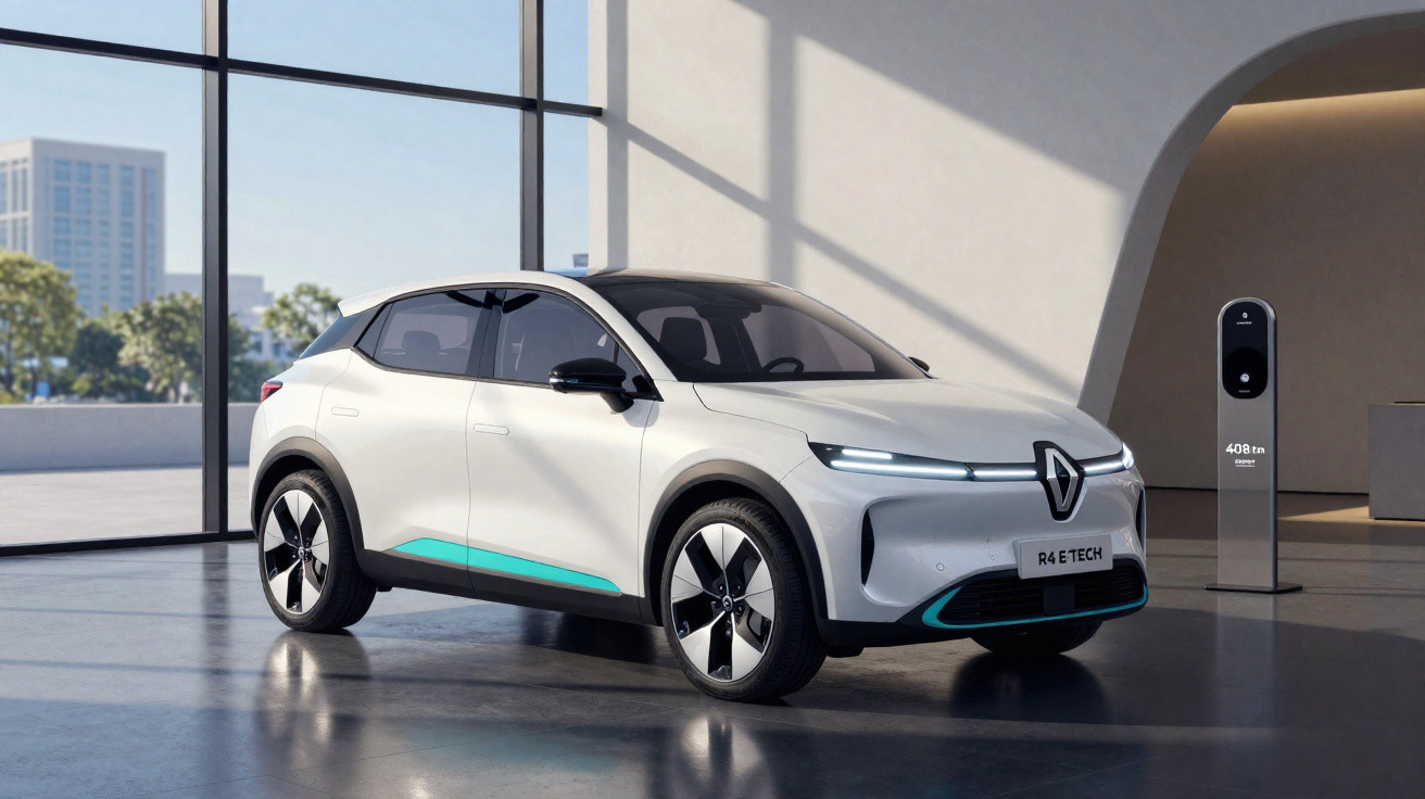 Carro elétrico Renault R4 E-Tech branco estacionado em ambiente interno moderno e iluminado.
