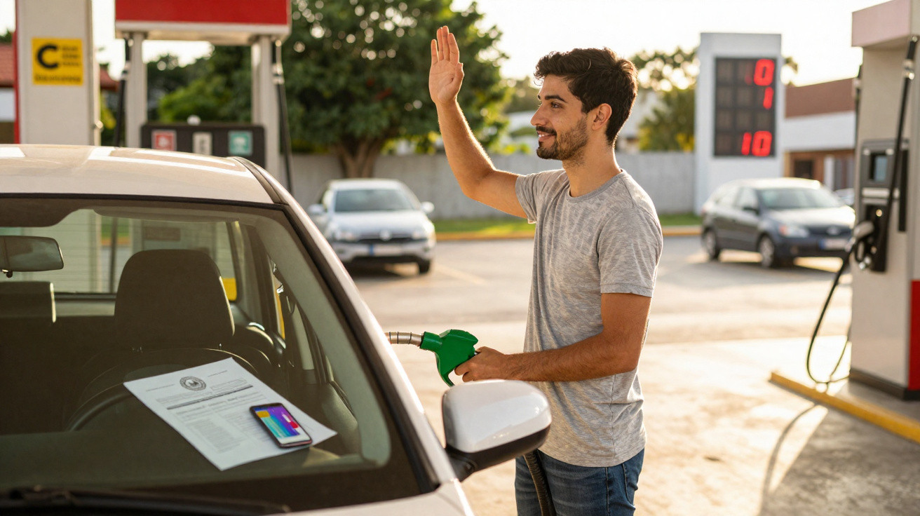Homem com camiseta cinza abastecendo carro branco em posto de gasolina, acenando com a mão direita.