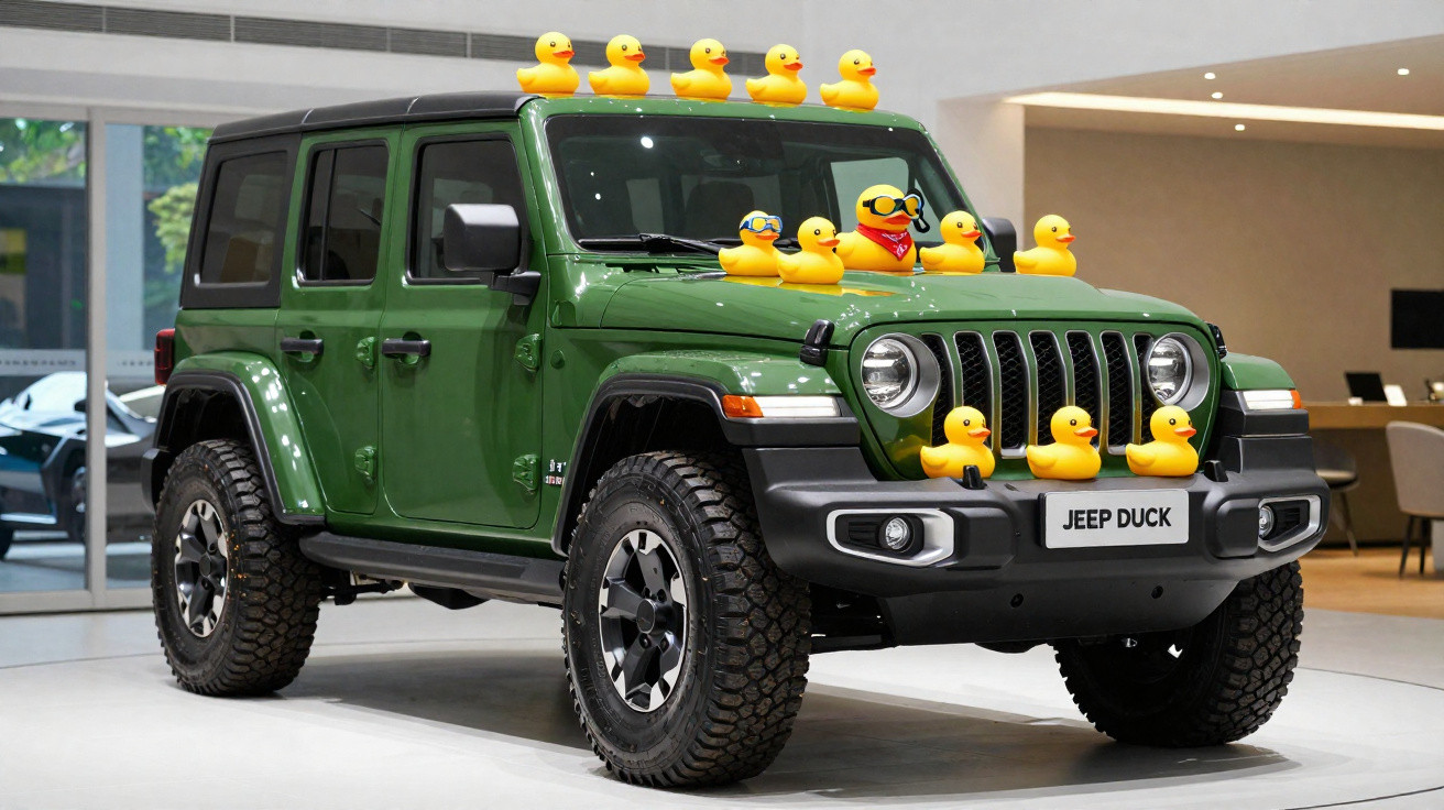 Jeep verde com vários patinhos de borracha amarelos posicionados no capô e teto, em exposição interna.