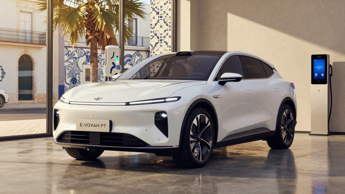 Carro elétrico branco E-Voyah PT estacionado em espaço interno moderno com estação de carregamento.