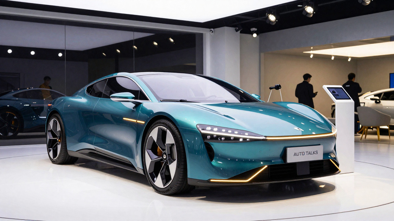 Carro esportivo elétrico azul com design moderno exposto em estande de evento automotivo.