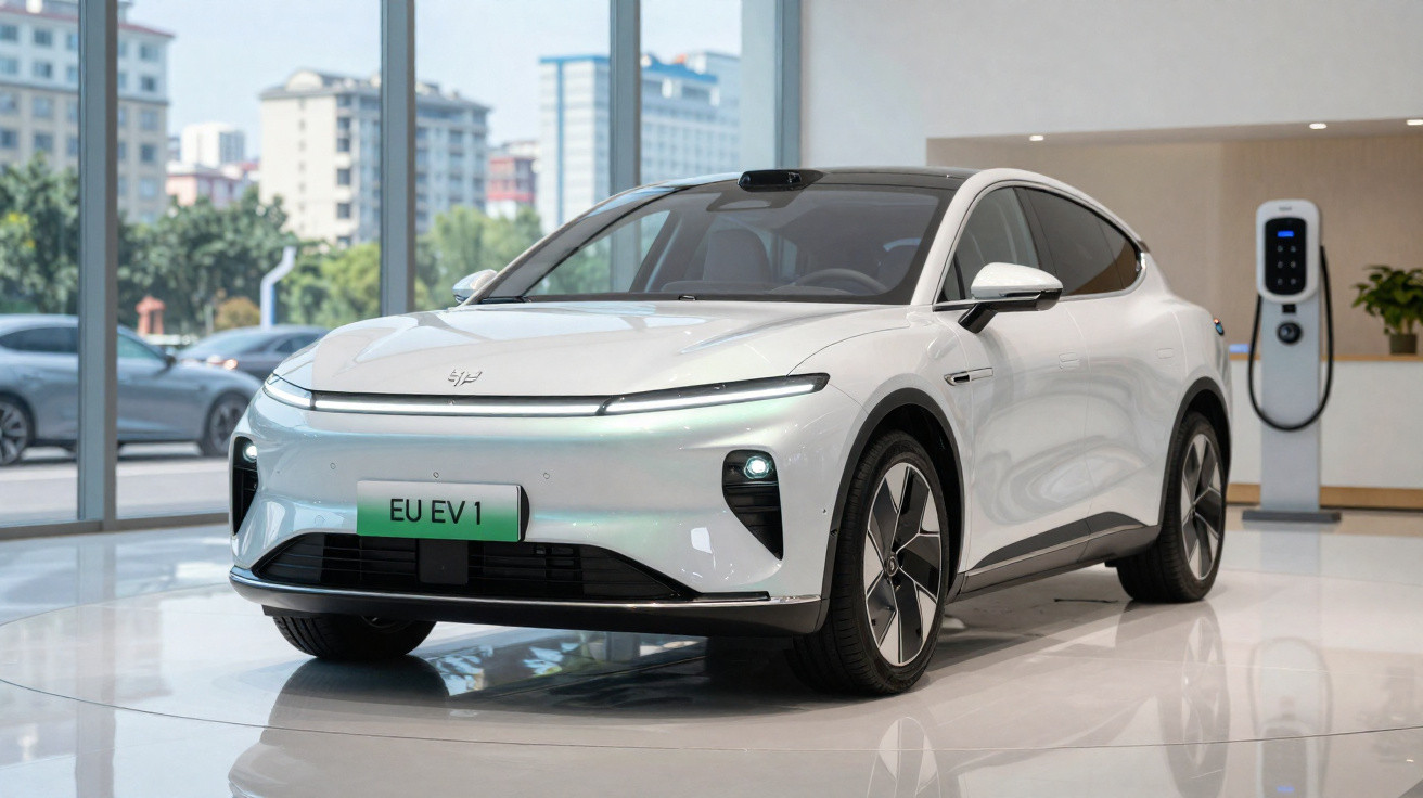 Carro elétrico branco estacionado em showroom moderno com estação de recarga ao fundo.